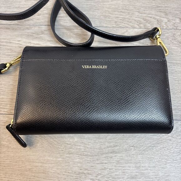 Rare Vera Bradley Black Leather Envelope Adjustable Crossbody Shoulder Bag Purse - Picture 4 of 9